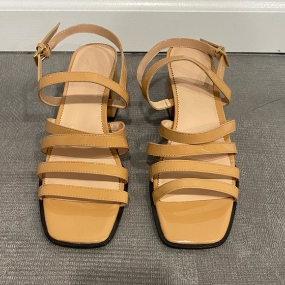 J. Crew Shoes - Jcrew Strappy Tan Patent Leather Square Toe Heels 10.5